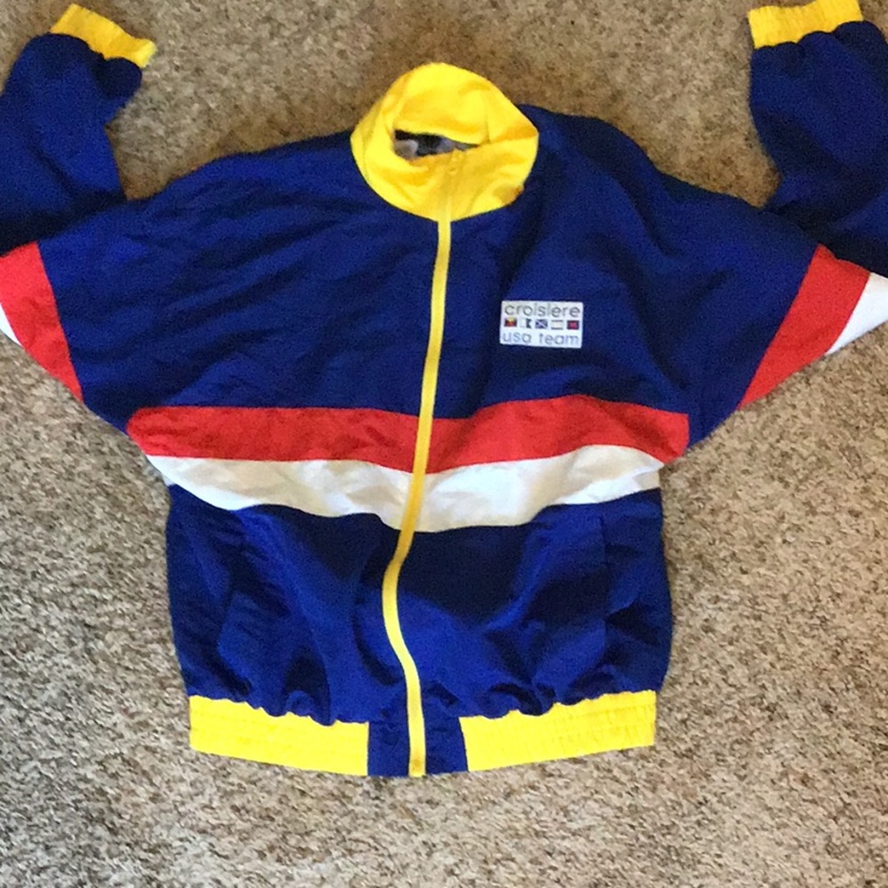 Blue,red,white,and yellow windbreaker